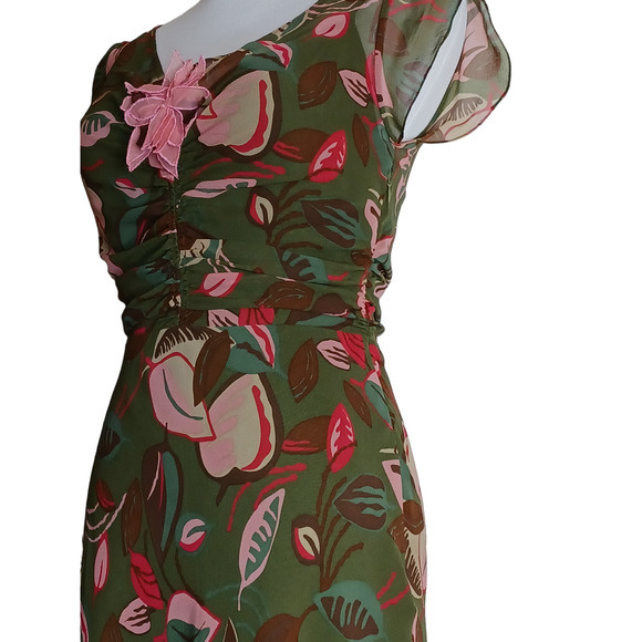 Y2K BCBGMAXAZRIA Silk Midi Dress Ruched XS XXS Coquette Fairy Dainty Babydoll - Picture 2 of 16